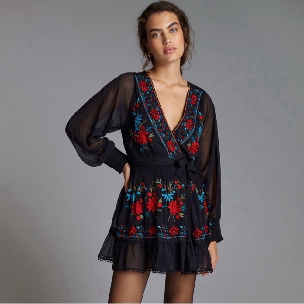 NWT Anthropologie Embroidered Black V-Neck Floral Dress